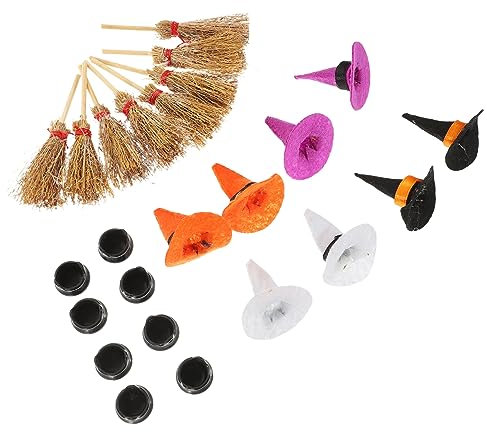 Toyvian 1 Set Mini Witch Hat and Broom Halloween Mini Cauldron Set Landscaping