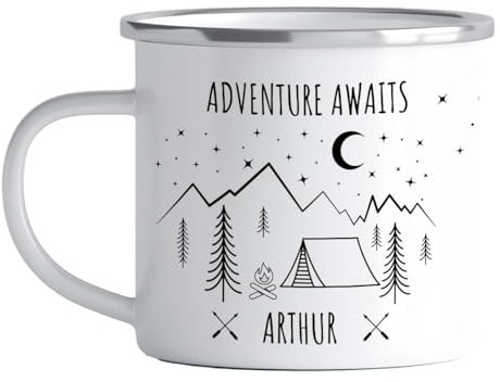 Pomchick - Campervan Enamel Camping Mug | Personalised Nature Camp Mug with Tent and Mountains His and Hers Couple Travel Present Accessories Camping