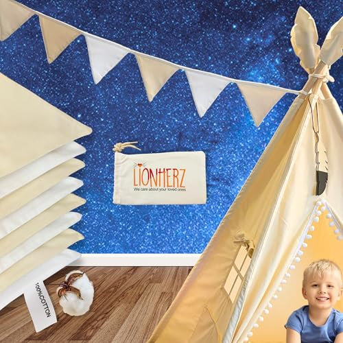 LIONHERZ® Guirlande de fanions de 250 cm en 100 % coton crème/blanc [double couche] avec sac | Guirlande en tissu beige avec 8 fanions | Décoration pour chambre d'enfant, anniversaire, carnaval,