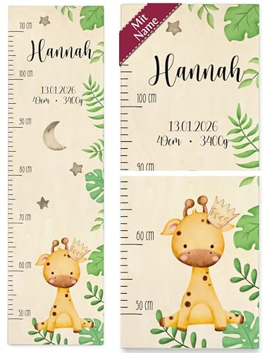 Messlatte Kind Holz - Kindermesslatte süße Giraffe mit Name und Datum I Niedliches Giraffenmotiv Babymesslatte Giraffen Design - 50-110 cm - Holz - grössenmesser kinder giraffen-messlatte