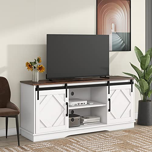 Großer TV-Schrank Sideboard Entertainment Center mit 2 klassischen Schiebetüren Einstellbare Regale für Wohnzimmer Esszimmer Landhaus Modernes Design 150x40x60cm (Weiß)