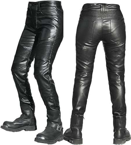 ZXINXIN Women's Motorcycle Leather Pants Motorcycle Trousers Three-Layer Leather Knee Protection Used for Women's Motorcycle Racing Anti-Fall,S,Black