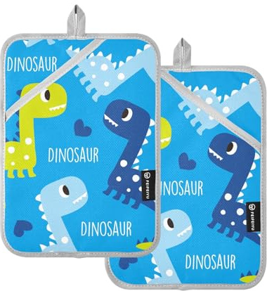 KLL Pot Holder, 2 Pack Heat Resistant Potholder with Pocket Hot Pad Holders for Kitchen Oven Pads, 9.8x7 Dinosaur Blue