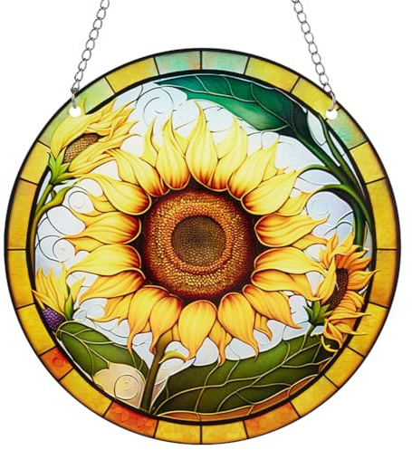 CREATCABIN Sonnenfänger Aufhängen Fenster Sonnenblumen Befleckung Blumenornament Rundes Acryl-Fensterdekoration Mit Eisenkette Biegeringen Hausdekoration Geschenk Für Sommer Familie Freunde 15x15cm