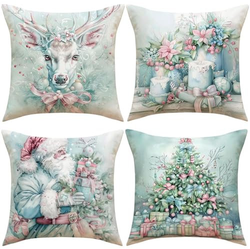 karororow 4er Set 45x45cm Weihnachtlicher Kissenbezug Sofabezüge aus Lein Kissenhülle zum Weihnachten Dekoration (Weihnachliche Type A)