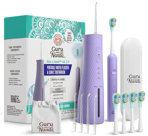 GuruNanda Lion & Lamb Kit 2.0, Electric Toothbrush with Water Flosser Combo, 4 Jet Tips, 4 Brush Heads, & IPX7 Waterproof Design for Complete Oral Care, Lavender