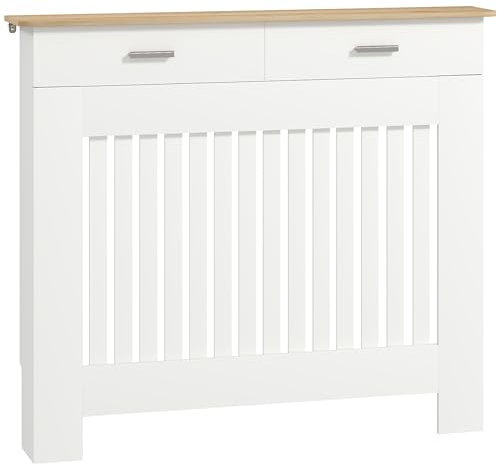 HOMCOM Copritermosifone a Doghe Antiribaltamento con Cassetto Portaoggetti, Copricalorifero in Legno, 112x19x97 cm, Bianco