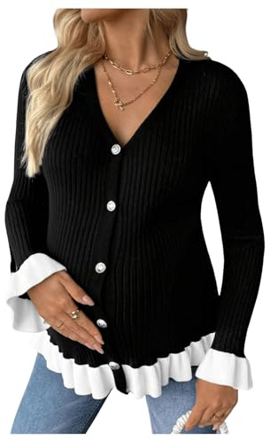 MakeMeChic Women's Maternity Sweater Color Block Bell Sleeve Button Down Ruffle Pregnancy Cardigan Black and White Medium