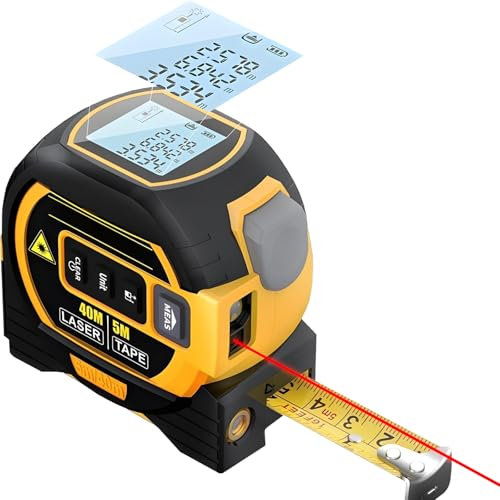 3 in 1 Digital Laser Rangefinder Tape Measure, 131ft/196ft Laser Measurement Tool with 16Ft AutoLock Measuring Tape and LCD Screen Readout, Pythagorean, Area, Volume, Ft/in/M Unit (Yellow, 131FT)