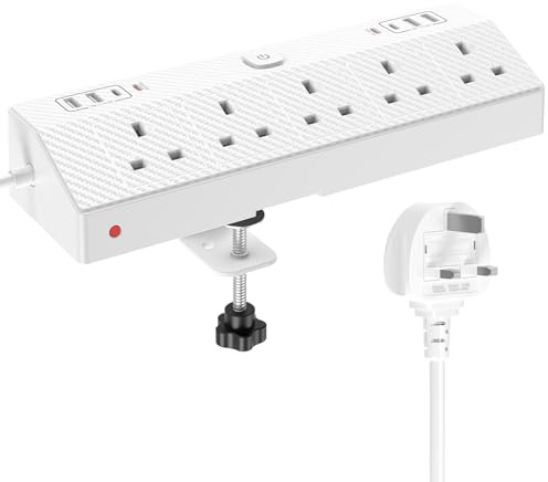 Desk Extension Lead 1.8M with PD20W USB-C, HAFINO Desk Power Socket, White | 5 Way Desk Extension Lead ( 4A4C) with Removable Clamp, Dual PD20W USB-C Fast Charging Desktop Power Strip For Home Office
