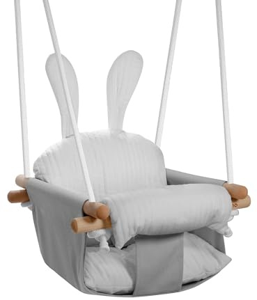 Tulano Hop 33 Altalena per bambini - Altalena sospesa e seggiolino in cotone e legno di faggio - Dai 6 mesi - con cintura di sicurezza e cuscino - Portata 60 kg - Per interno ed esterno - Grigio