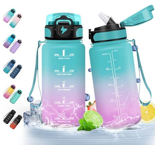 HoneyHolly 500ml flaska, BPA-fri och läckagesäker, vattenflaska med sugrör, återanvändbar vattenflaska, grundskola, motiverande vattenflaska för skola, gym, kontor, löpning