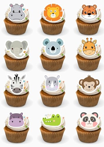 24 x Cute Animal Faces Edible Premium Wafer Card PRECUT Cupcake Toppers Cake Decorations Jungle Safari Animals