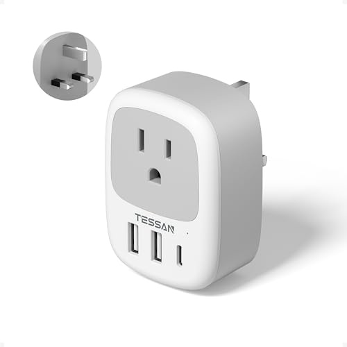 TESSAN US to UK Plug Adapter with USB, 4 in 1 American to UK Travel Adapter | 13A Fuse, 3250W Max Type A/B to Type G Plug Adaptor for USA, Canada, Mexico, Japan to British Appliances (1 USB C)