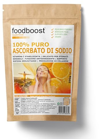 Ascorbato di Sodio - Vitamina C Stabilizzata, 100% Pura, Delicato sensibilità gastrica, Senza Additivi. Supporto Sistema Immunitario, Ossa, Articolazioni, Collagene, Funzione Antiossidante