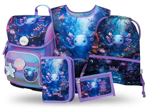 Baagl Schulranzen Mädchen Set 5 Teilig Ergo Schulrucksack 19 l - Axolotl