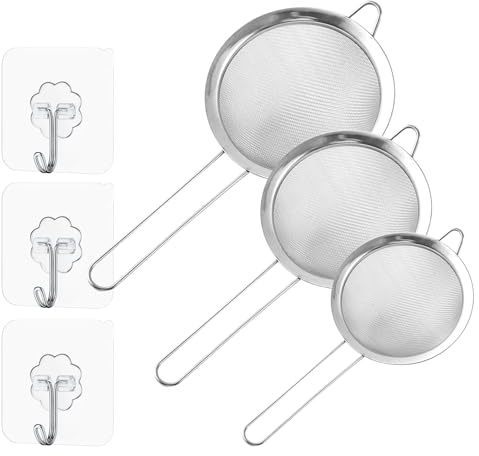 Hinapan 3-teiliges Edelstahlsieb-Set, Feinmaschige Küchensiebe mit Stabilen Griffen und 3 Haken, spülmaschinenfest, Ideal für Mehl, Reis, Quinoa, Tee und Nudeln