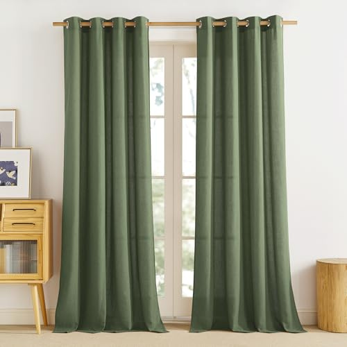 PONY DANCE Leinen Vorhang Wohnzimmer Gardinen Halbtransparent Landhaus | Matcha Grün,H245 x B140 cm,2er Set,Boho Gardinen Leinenoptik,Ösen Leinenvorhang mit Muster,Linen Curtains Living Room