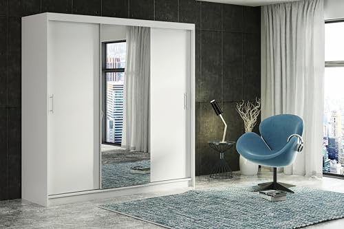 ELUKS Modern Sliding Double Door Wardrobe with Mirror, 2/3 Doors, up to 8 Drawers and 4 Hanging Rails Colours: WHITE/BLACK/OAK/GREY Width: 100cm/120cm/150cm/180cm/200cm (White, 200cm No drawers)