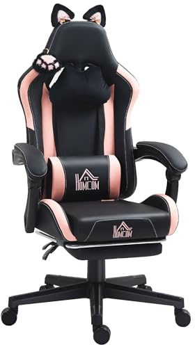 HOMCOM Gaming Chair for Adults with Cat Ears, Footrest, Headrest, Black | Faux Leather Office Computer Chair, Reclining Back, Lumbar Support, Height Adjustable Swivel Seat