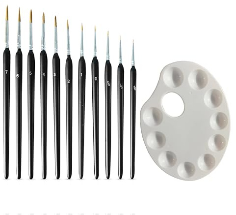 Yaku ® Set de 11 Pinceles Profesionales: Modelismo, Acuarela y Acrílico + Paleta de Mezcla |