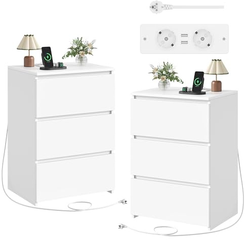 FirFurd Table de Chevet Lot de 2 avec Multiprise, Table de Nuit Blanche | 66x45x38cm | Commode 3 tiroirs 2 prises CA/USB | Base surélevée | Pratique et esthétique | Pour chambre, bureau, salon