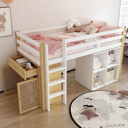 Crlnaup Kinderhochbett, multifunktionales Kinderbett, einzelnes Kinderbett, mit 2 Aufbewahrungsschrank und Leiter, ohne Matratze, 90 x 200 cm, Natur + Weiß