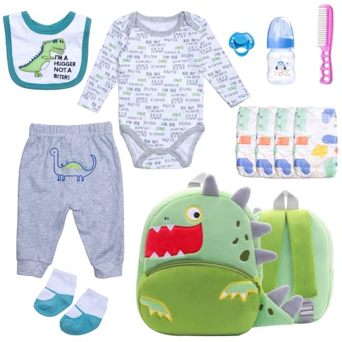 12 Pcs Reborn Baby Doll Clothes Set for 17-22 Inch Babydolls, Dinosaur Reborn Baby Doll Accessories and Clothes with Plush-Finish Backpack, Dinosaur Trousers, and Bib for Realistic Babydolls, Green