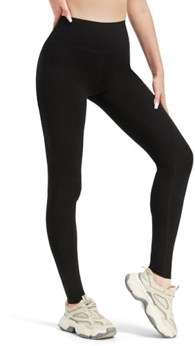 Zylioo Långa ben leggings bomull dam, hög midja yogabyxor sportleggings ogenomskinliga sportbyxor, svart, L/lång