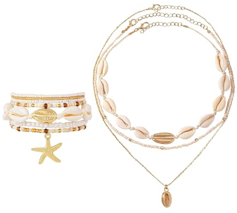 7 Stück Muschel Halskette Armband Set, Muschelkette Meerjungfrau Accessoires Damen Strand, Shell Bracelets for Women Set, für Hawaii Kostüm Accessoires, Hawaii Party Deko, Festival Zubehör