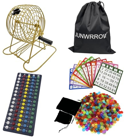 JUNWRROW Deluxe-Bingo-Spiel-Set mit Aufbewahrungstasche, inklusive 15,2 cm großem, goldfarbenem Drehkäfig, 75 Calling-Bälle, 100 gemischte Karten, 1000 bunte Chips, Masterboard und Tragetasche für
