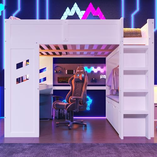 Idemon Cama alta para videojuegos de 140 x 200 cm, con escritorio y LED, cama para videojuegos con USB-C, cajón y tendedero, color blanco (sin colchón) (140 x 200 cm)