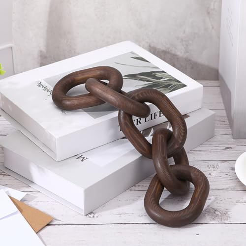 Queekay Decorative Wood Chain Link Decor Rustic 5 Link Wooden Chain Decor Ornament Farmhouse Home Decoration Hand Carved Wooden Crafts Ornaments for Coffee Table(Dark Walnut)