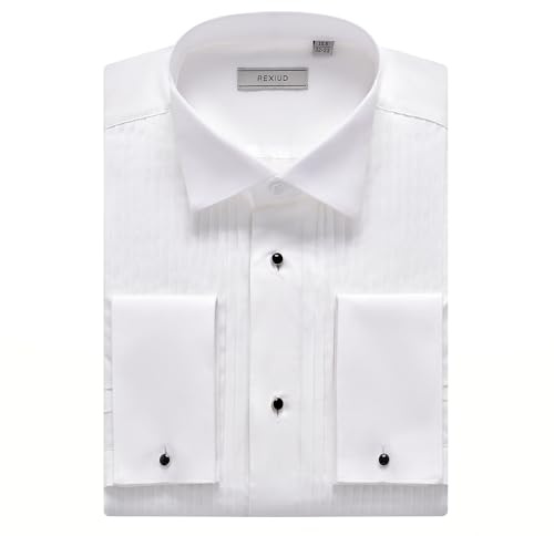 REXIUD Men's Tuxedo Shirt – Wing Collar, French Cuffs, Pleated Bib Front, Stretch Formal Dress Shirt, Long Sleeve White