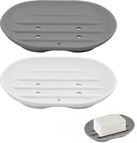 Zhenghebuy Silicone Soap Holder Dish,2 Pack Silicone Soap Dish with Drainage,Anti-Slip Soap Holder,Self Draining Shower Soap Dish for ShowerBathroom,Kitchen(Grey/White)