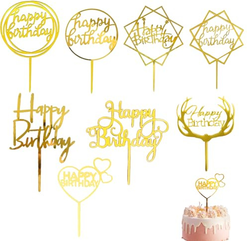 8Pcs Happy Birthday Cake Toppers Enhanced Celebratory Atmosphere Acrylic Cake Toppers Cake Decoration Party Supplies for Children or Adults Various Cupcake Topper (Gold)