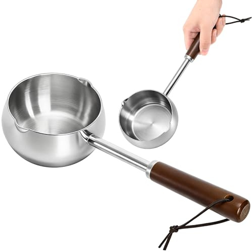 YIMITEE Mini Milk Warmer Pot, 15 OZ/450 ml Stainless Steel Melting Pot, Hot Oil Pan with Wood Handle, Dual Spouts Small Saucepan for Seafood Butter Chocolate Cooking Restaurant Kitchen Camping