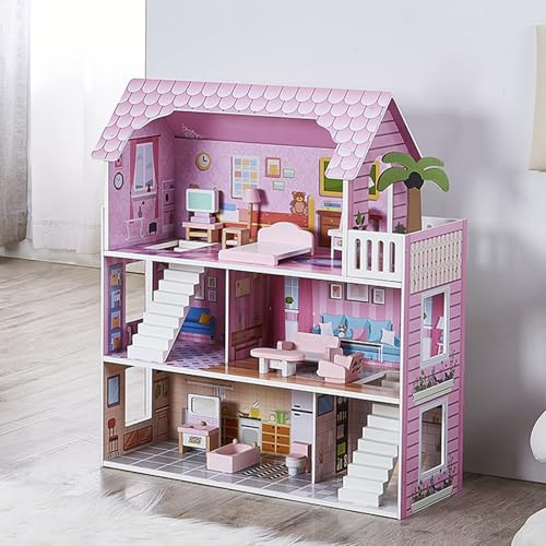 DUDUPIE Kids Dollhouse - Pink Wooden Doll House with 10-Piece Mini Furniture Set, 3-Story & 5 Open Rooms, Easy to Assemble Pretend Play House, Gift for Girls Boys Ages 3 4 5 6 Years Old