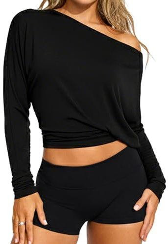 Navneet damer off-shoulder topp långärmad crop top långärmad tröja lös bodycon casual festival outfit, Svart axellös crop, M