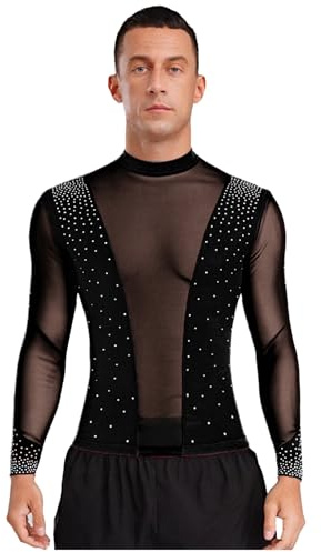 YEAHDOR Mens Latin Dance Top Shirt Sheer Shiny Rhinestone Long Sleeve Ballroom Dance Blouse for Ballet Chacha Tango Stage Black X-Large