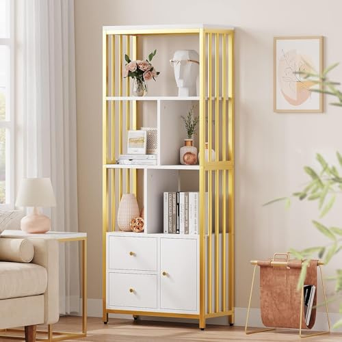 Garvee Bücherregal Standregal Gold Weiß, Modernes Lagerregal mit versetzten Ebenen, schmales Aktenregal für Wohnzimmer Büro Schlafzimmer, Stabiler Metallrahmen & einstellbare Füße, 60x30x160cm
