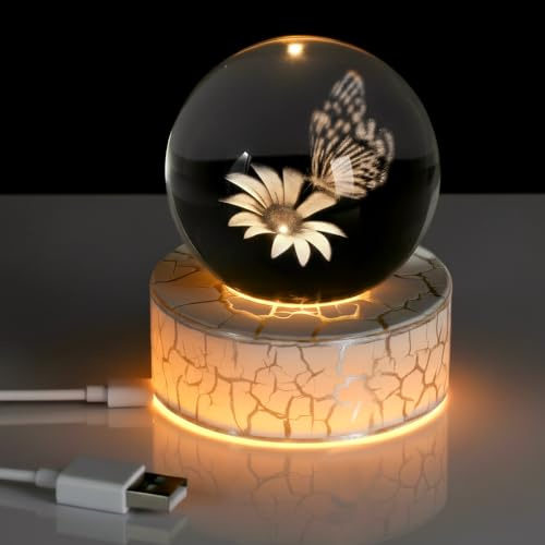 DONGKER Girasoles 3D con bolas de mariposas, bola de cristal de 2.36 pulgadas, flor de mariposa con base de luz para mujeres, novia, cumpleaños, aniversario, adornos para el hogar