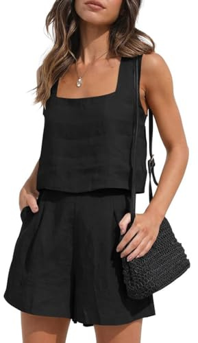 KOEMCY Conjunto Deportivo Mujer De Lino 2 Piezas Cuello Cuadrado Sin Mangas Pantalones Cortos y Crop Top Casual Lounge Ropa Verano para Hogar Calle Viaje Vacación Negro