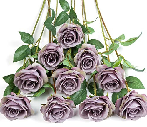 DuHouse 10 Rosas Artificiales de Seda, Flores de Rosas de imitación de Tallos Largos para arreglo, Centro de Mesa de Boda, Fiesta, decoración del hogar y Cocina (Morado otoñal)