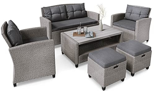 di volio Gartenmöbel-Set Polyrattan Lounge Rattan-Optik Firenze | 2-Sitzer Sofa, 2 Sessel, 2 Hocker, Couchtisch, Wetterfest, Garten, Terrasse, Balkon, Stahlrahmen