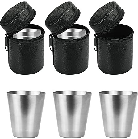WENRERO 12 PCS Shot Glasses Stainless Steel 30ml 1 Ounce Shot Cups Portable Mini Unbreakable Schnapps Cup Stackable Camping Wine Tumblers Vessel Drinking Coffee Beer Mug with 3 Leather Case for Travel