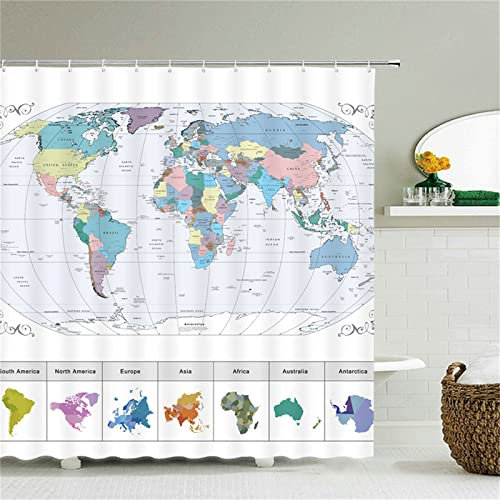 Duschvorhang für Eckdusche und Kleine Badewanne, Bad vorhang Textil aus Polyester Stoff Schimmelresistent Wasserabweisend und Waschbar, Weltkarte， 180x210cm mit Duschvorhangringen Shower Curtains