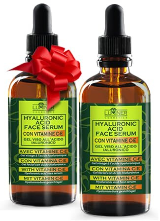 Luminer Hyaluron Serum 2x100ml – Hyaluron Serum Gesicht mit Vitamin C & E, Schneckenschleim und Aloe Vera – Feuchtigkeitsspendendes Anti‑Aging Gesichtsserum für alle Hauttypen – Made in Italy