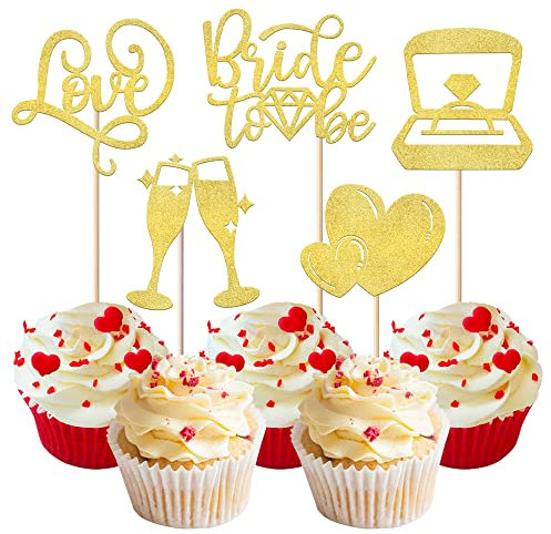 Xsstarmi 30 Stück Bride to Be Cupcake-Topper mit Liebesherz-Ring, Champagner-Brautparty, Cupcake-Picker für Hochzeit, Verlobung, Junggesellinnenabschied, Party, Kuchendekorationen, Gold