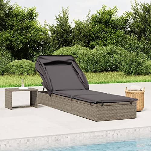 BULANED Sonnenliege mit FaltDach, Liegestuhl, Gartenliege, Relaxliege, Balkonliege, Liegen, Sun Lounger, Freizeitliege, Sommer Liegen, Gartenmöbel, Grau 213x63x97 cm Poly Rattan